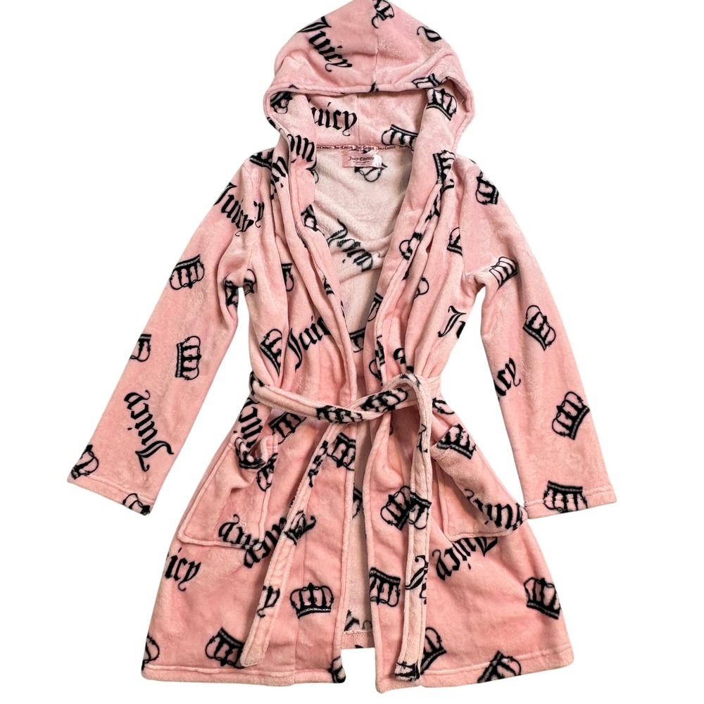 Juicy Couture Pink Hooded Plush Robe Womens Y2K Lounge Medium
